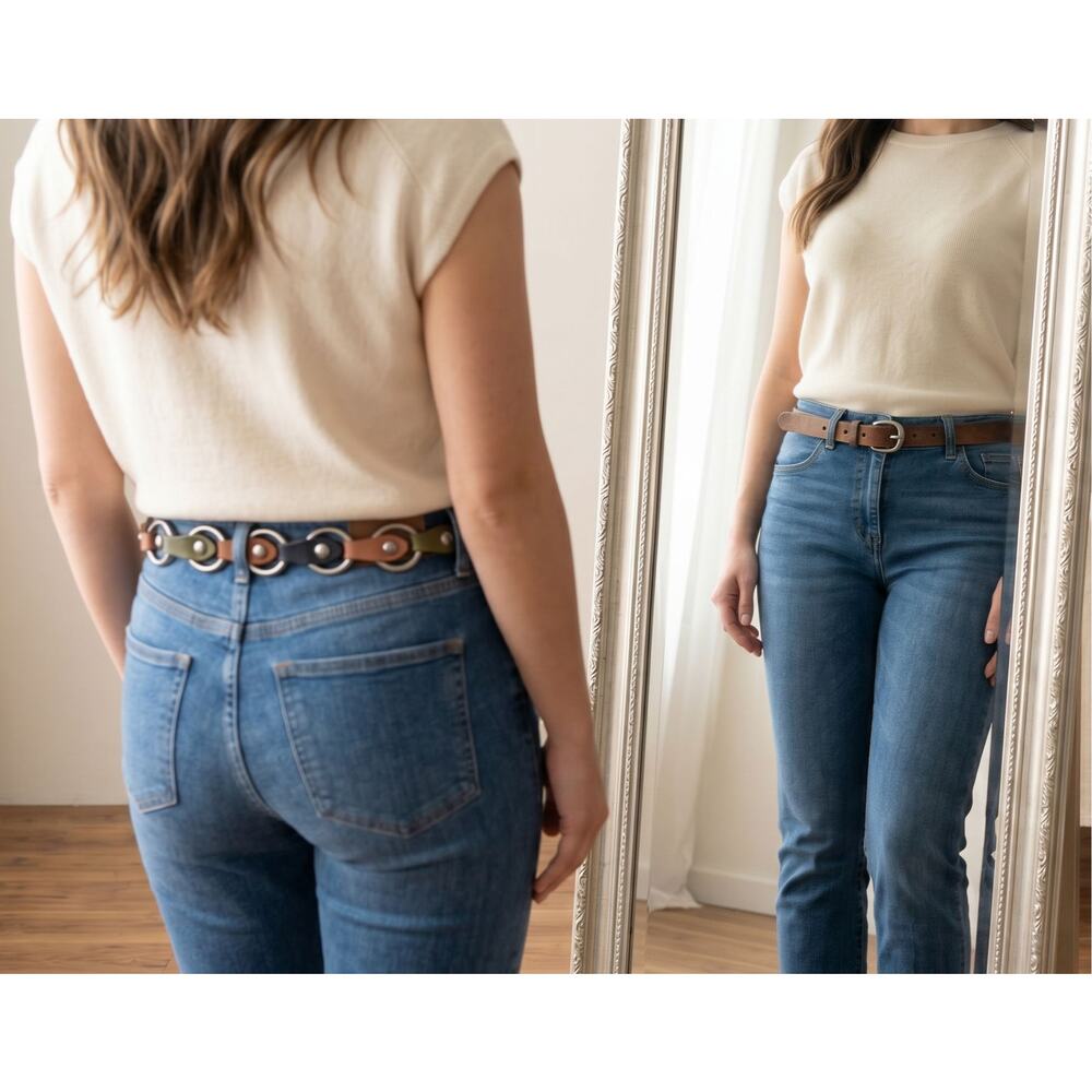 Artisan Leather Link Belt L Brown Multicolor Ring Chain Boho Western Sundance